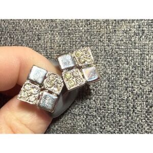 Vintage Silver Tone Rhinestone Geometric Square Screw Back Earrings Mid Century
